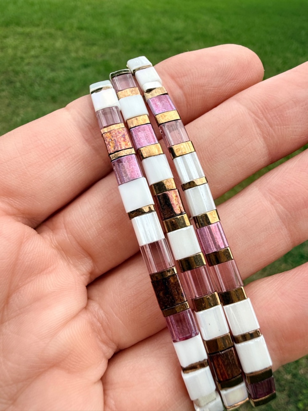 Handmade White and Pink Glass Tile Stretch Bracelet